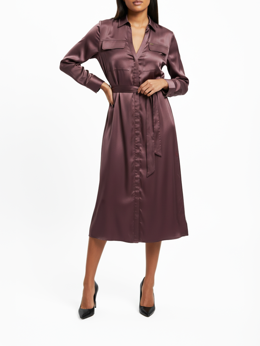 Polo Womens Lara Satin Long Sleeve Shirt Dress 0070231 - Huckleberry
