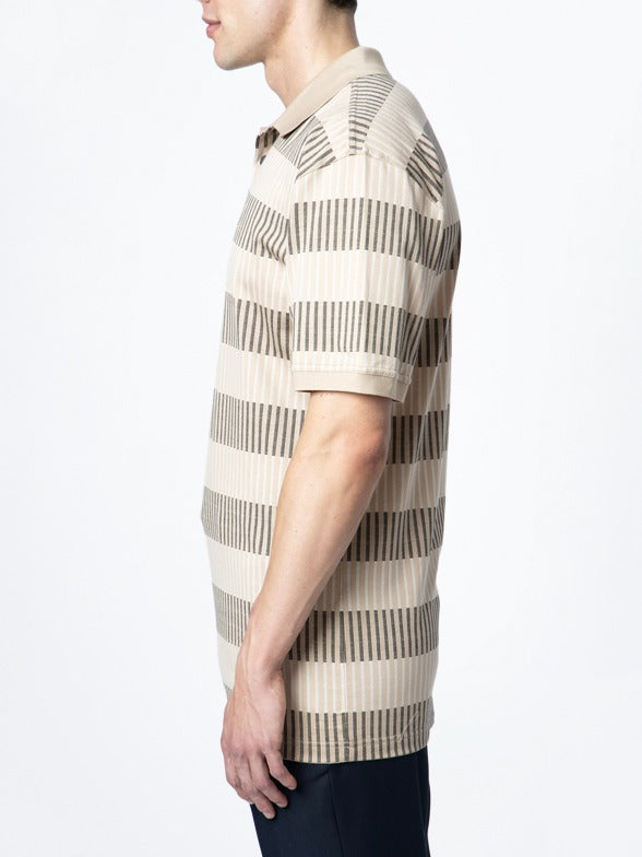 Mens Stripe Double Mercerised Short Sleeve Golfer Stone 0070601.
