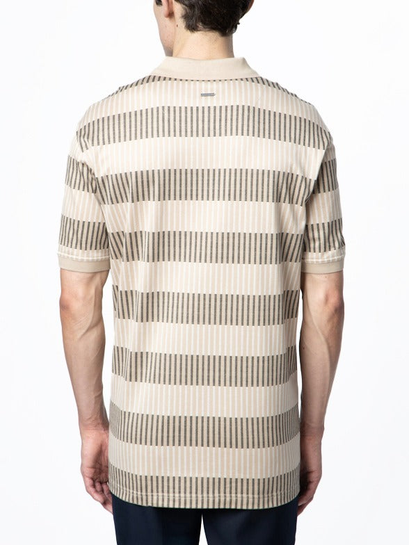 Mens Stripe Double Mercerised Short Sleeve Golfer Stone 0070601.