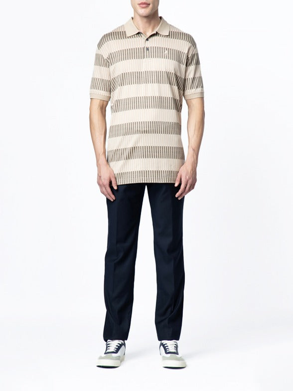 Mens Stripe Double Mercerised Short Sleeve Golfer Stone 0070601.