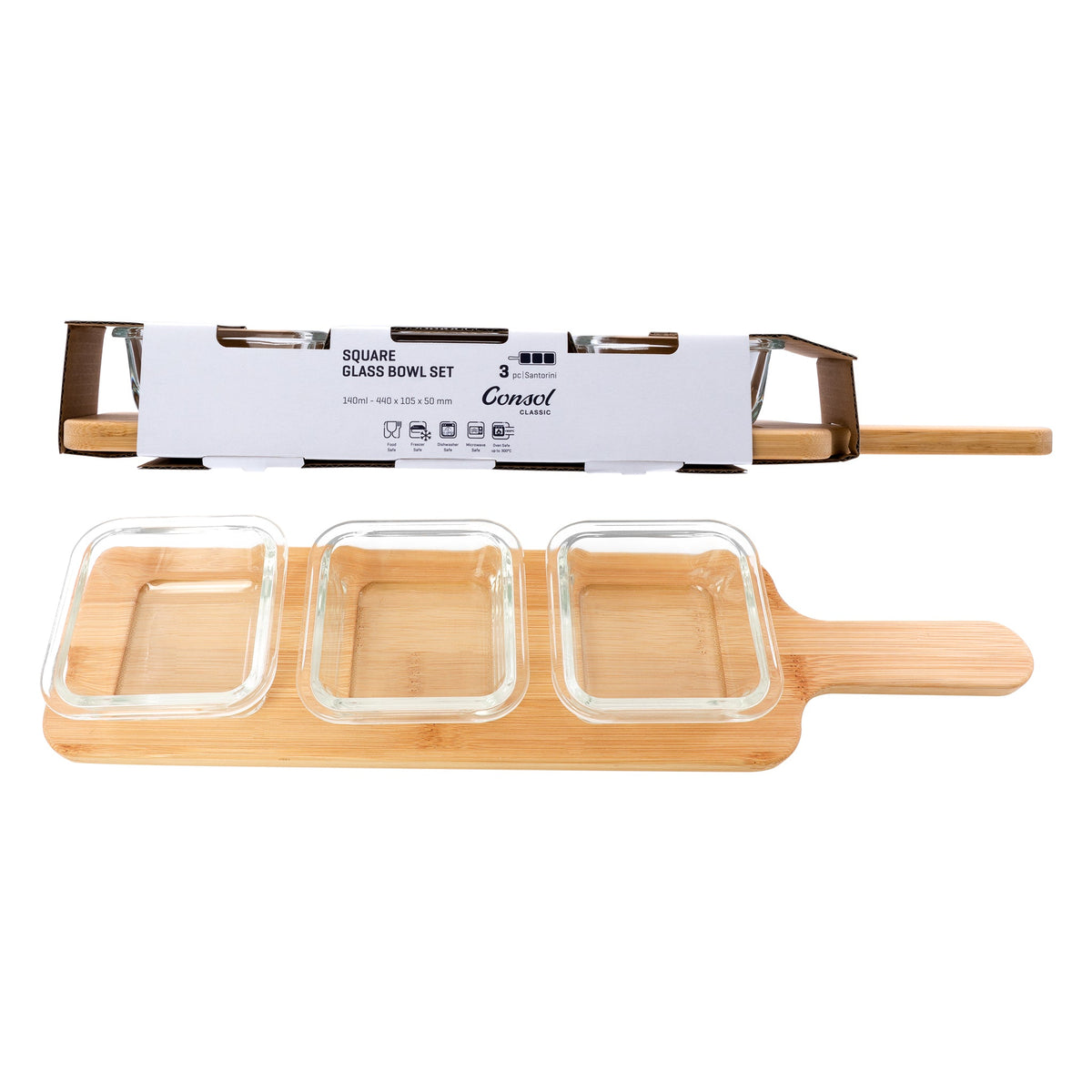 Consol Santorini 3 Square Glass Bowls 140ml On A Bamboo Serving Board 4 Piece Set 17215