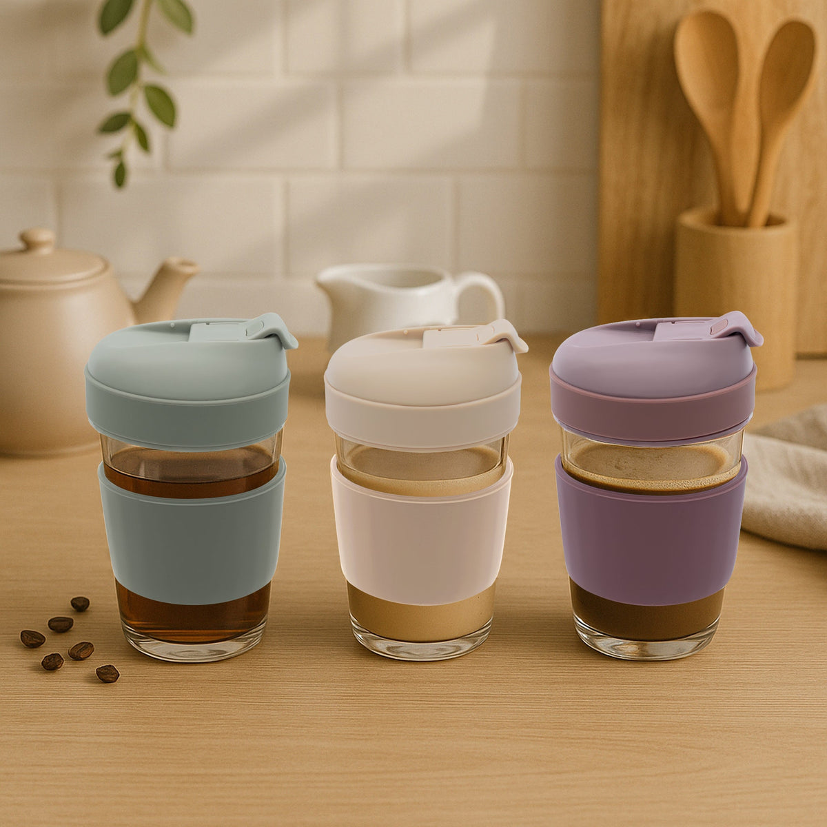 Consol Lugo Glass Travel Mug With Green Plastic Lid, 320ml 17219