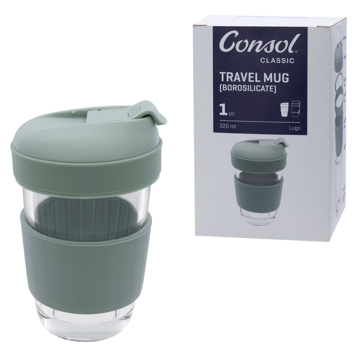 Consol Lugo Glass Travel Mug With Green Plastic Lid, 320ml 17219