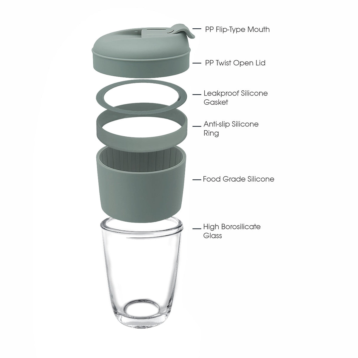 Consol Lugo Glass Travel Mug With Green Plastic Lid, 320ml 17219