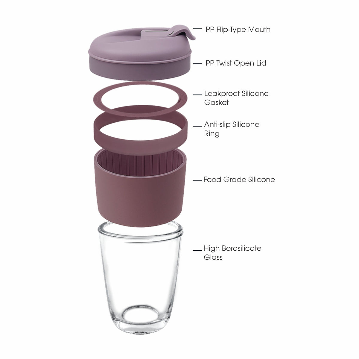 Consol Lugo Glass Travel Mug With Purple Plastic Lid, 320ml 17220
