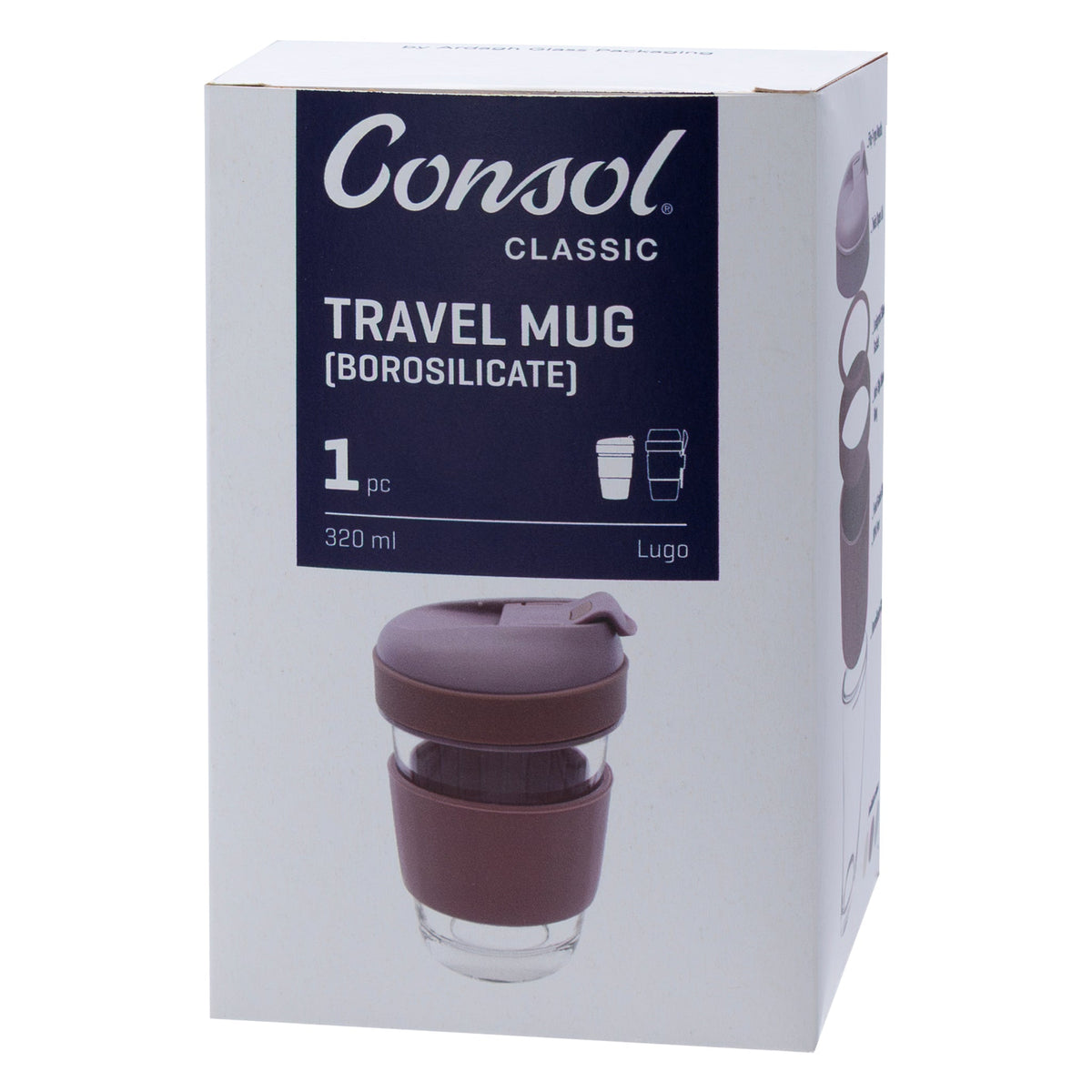 Consol Lugo Glass Travel Mug With Purple Plastic Lid, 320ml 17220