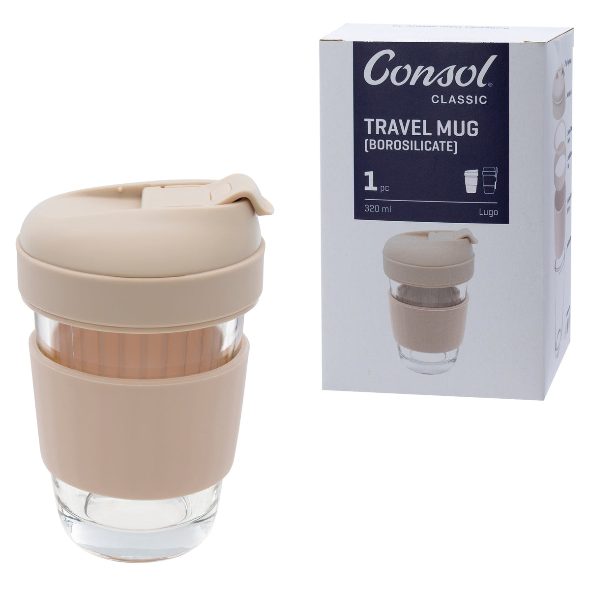 Consol Lugo Glass Travel Mug With Beige Plastic Lid, 320ml 17221