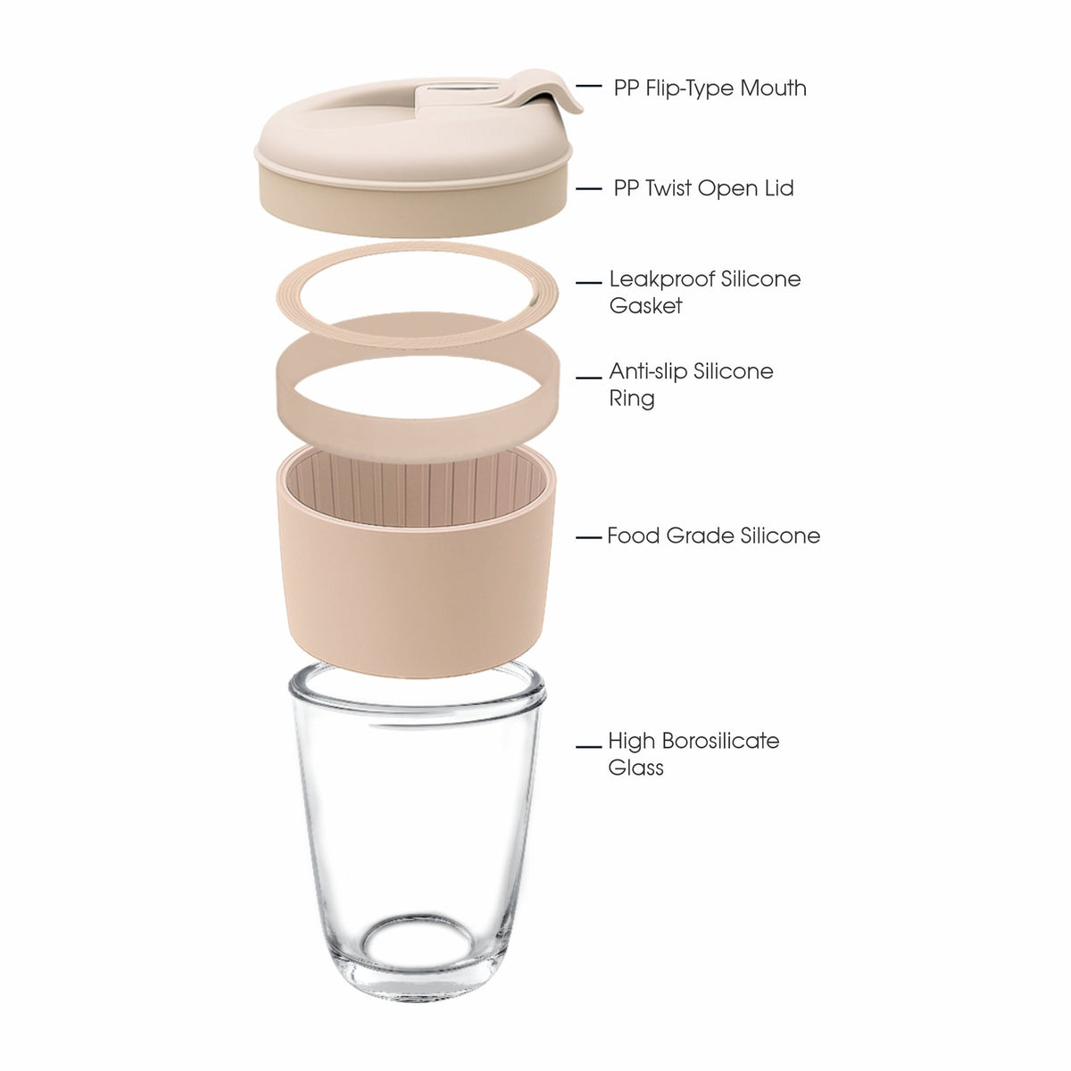Consol Lugo Glass Travel Mug With Beige Plastic Lid, 320ml 17221