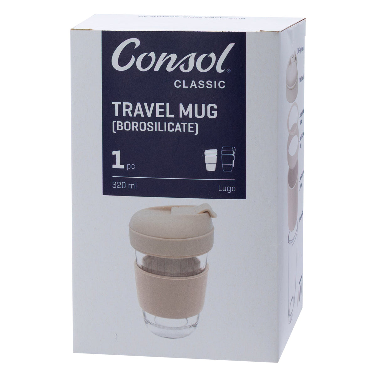 Consol Lugo Glass Travel Mug With Beige Plastic Lid, 320ml 17221