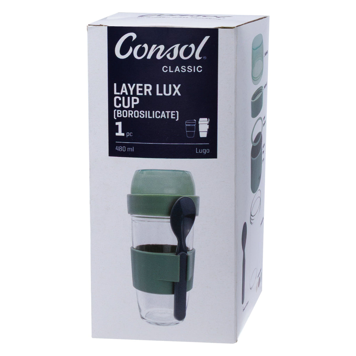 Consol Lugo Layer Lux Cup With Green Plastic Lid And Grey Spoon, 480ml 17222