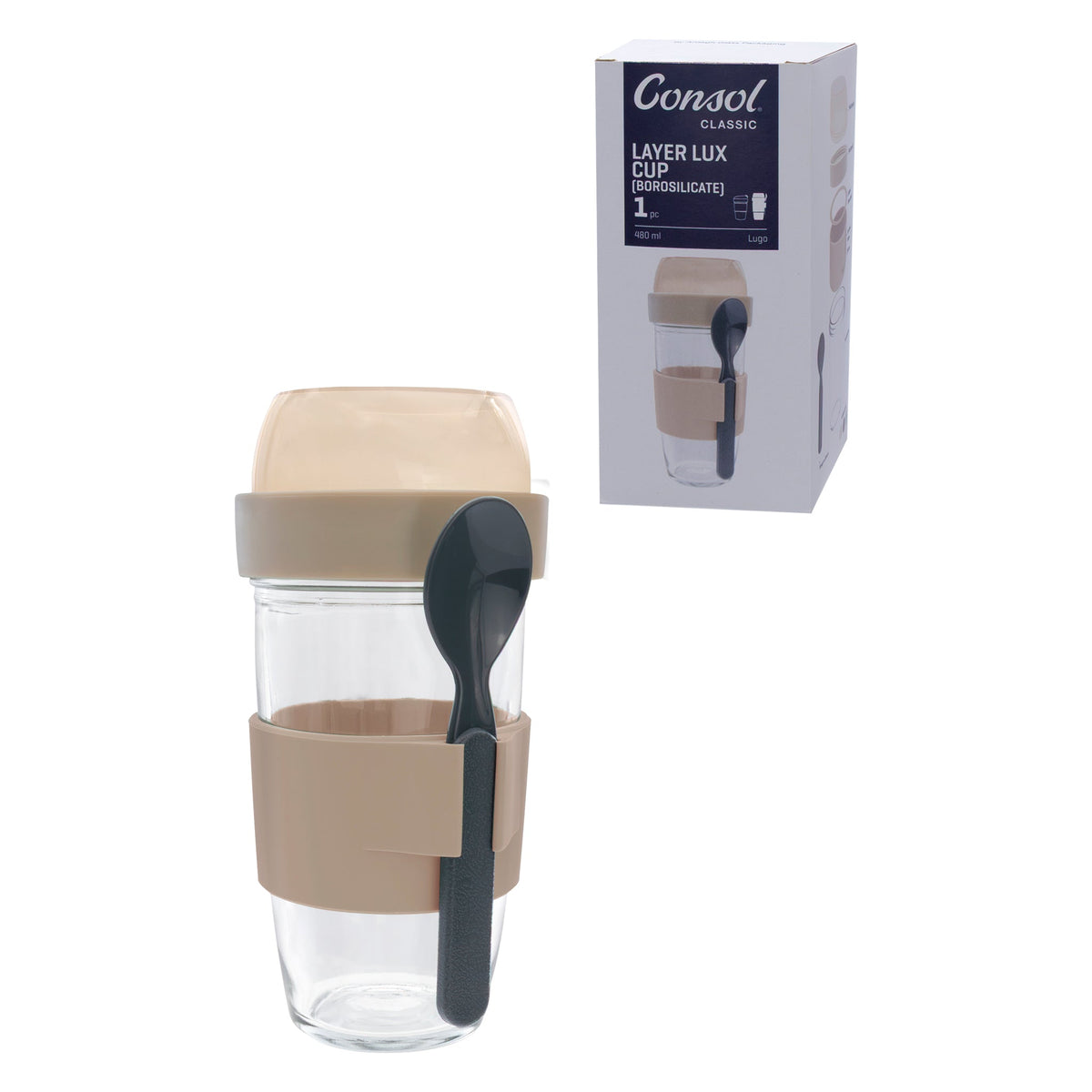 Consol Lugo Layer Lux Cup With Purple Plastic Lid And Grey Spoon 480ml 17223
