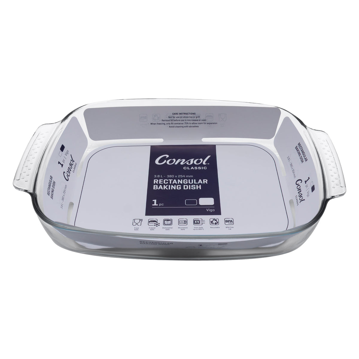 Consol Vigo Rectangular Glass Baking Dish With Grey Plastic Lid, 3.8L 17227
