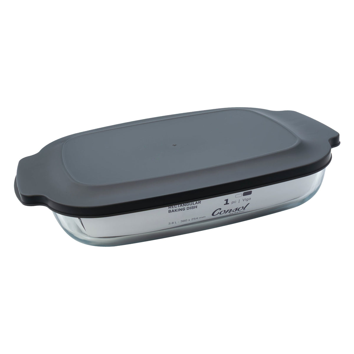 Consol Vigo Rectangular Glass Baking Dish With Grey Plastic Lid, 3.8L 17227