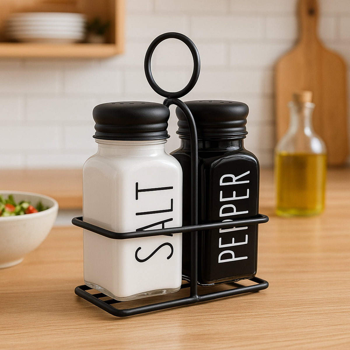 Regent Glass Black And White Salt & Pepper Shakers In A Black Caddy 3 Piece Set 27139