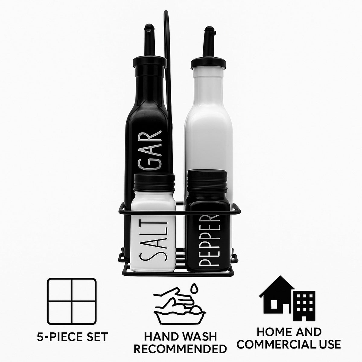 Regent Glass Black And White Condiments In A Caddy 5pk Set, 250ml L 85ml 27140