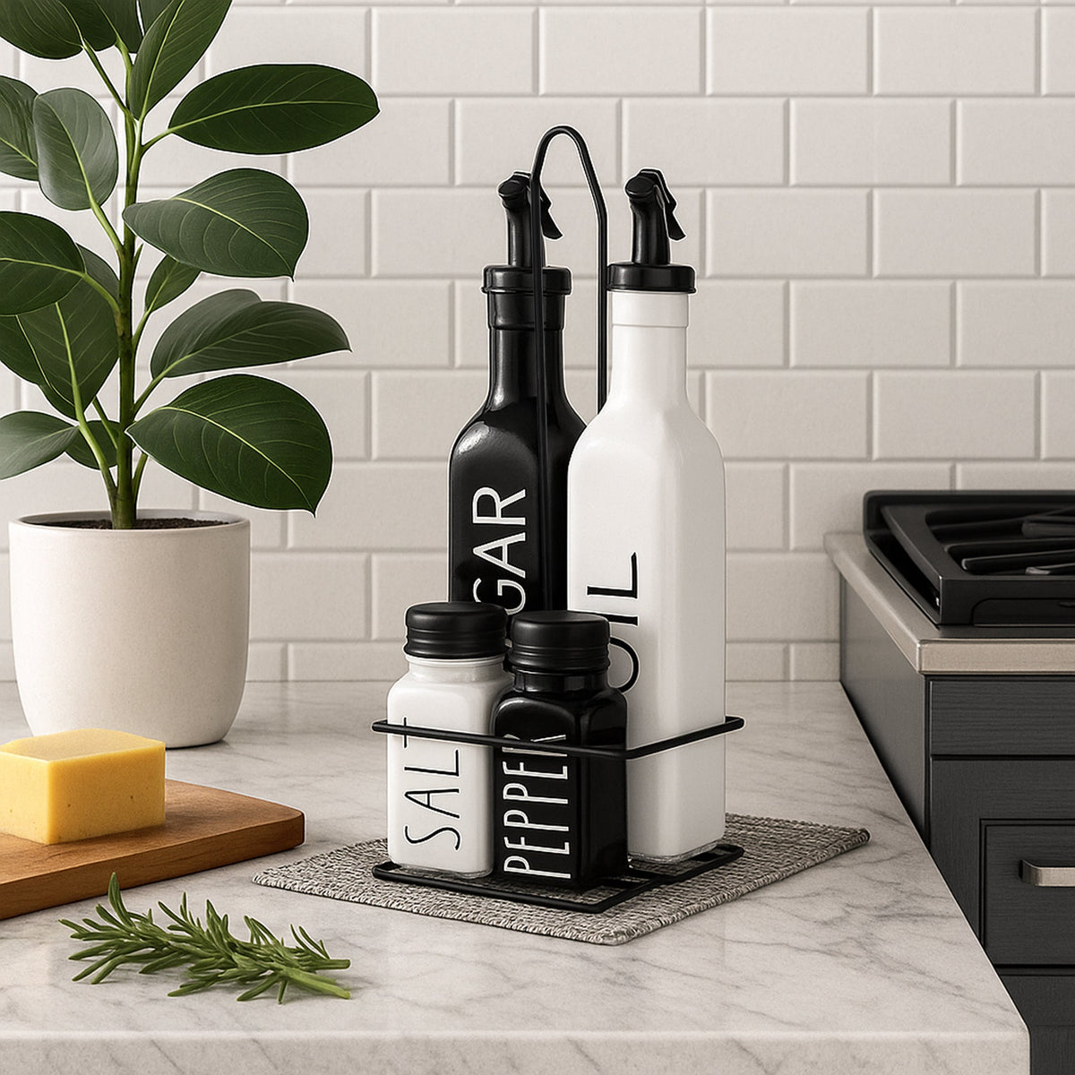 Regent Glass Black And White Condiments In A Caddy 5pk Set, 250ml L 85ml 27140