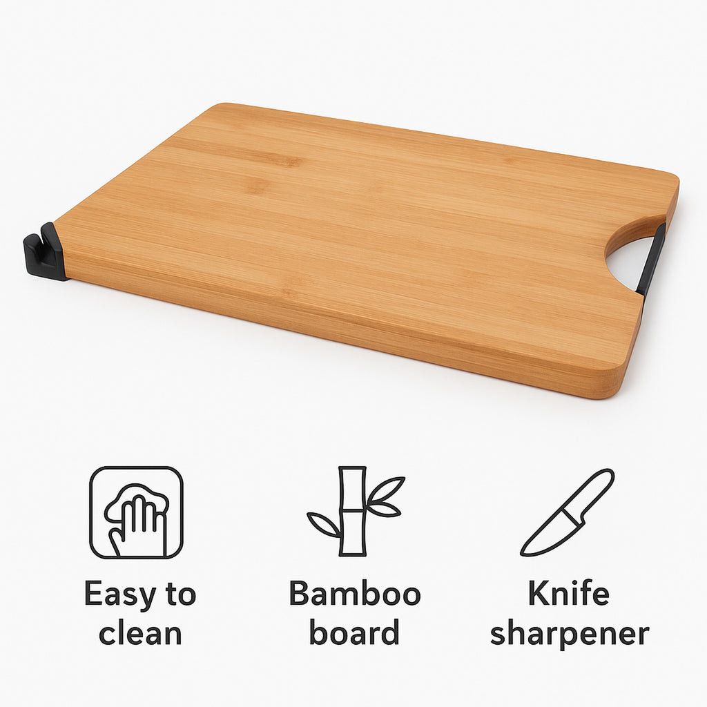 Regent Bamboo Cutting Board With Black Metal Handle And Knife Sharpener 355x258mm 30228.