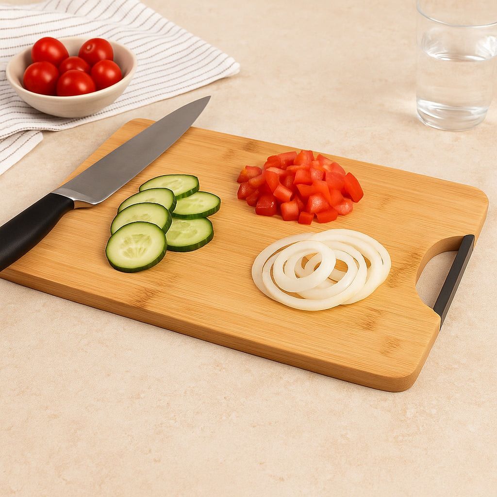Regent Bamboo Cutting Board With Black Metal Handle And Knife Sharpener 355x258mm 30228.
