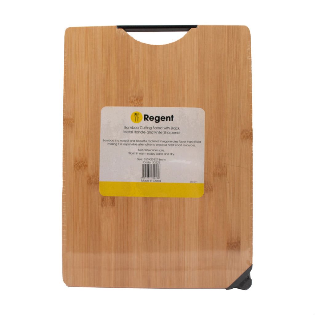 Regent Bamboo Cutting Board With Black Metal Handle And Knife Sharpener 355x258mm 30228