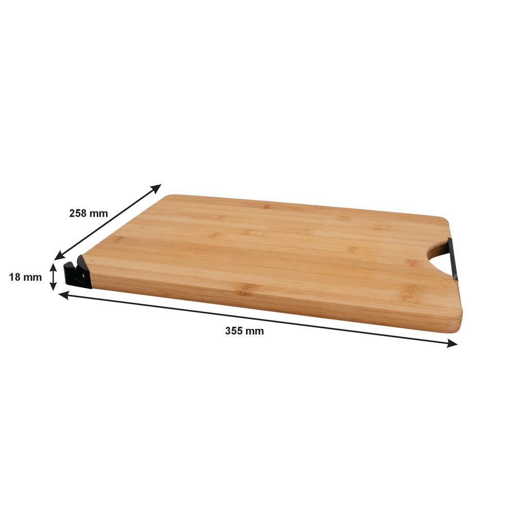 Regent Bamboo Cutting Board With Black Metal Handle And Knife Sharpener 355x258mm 30228.