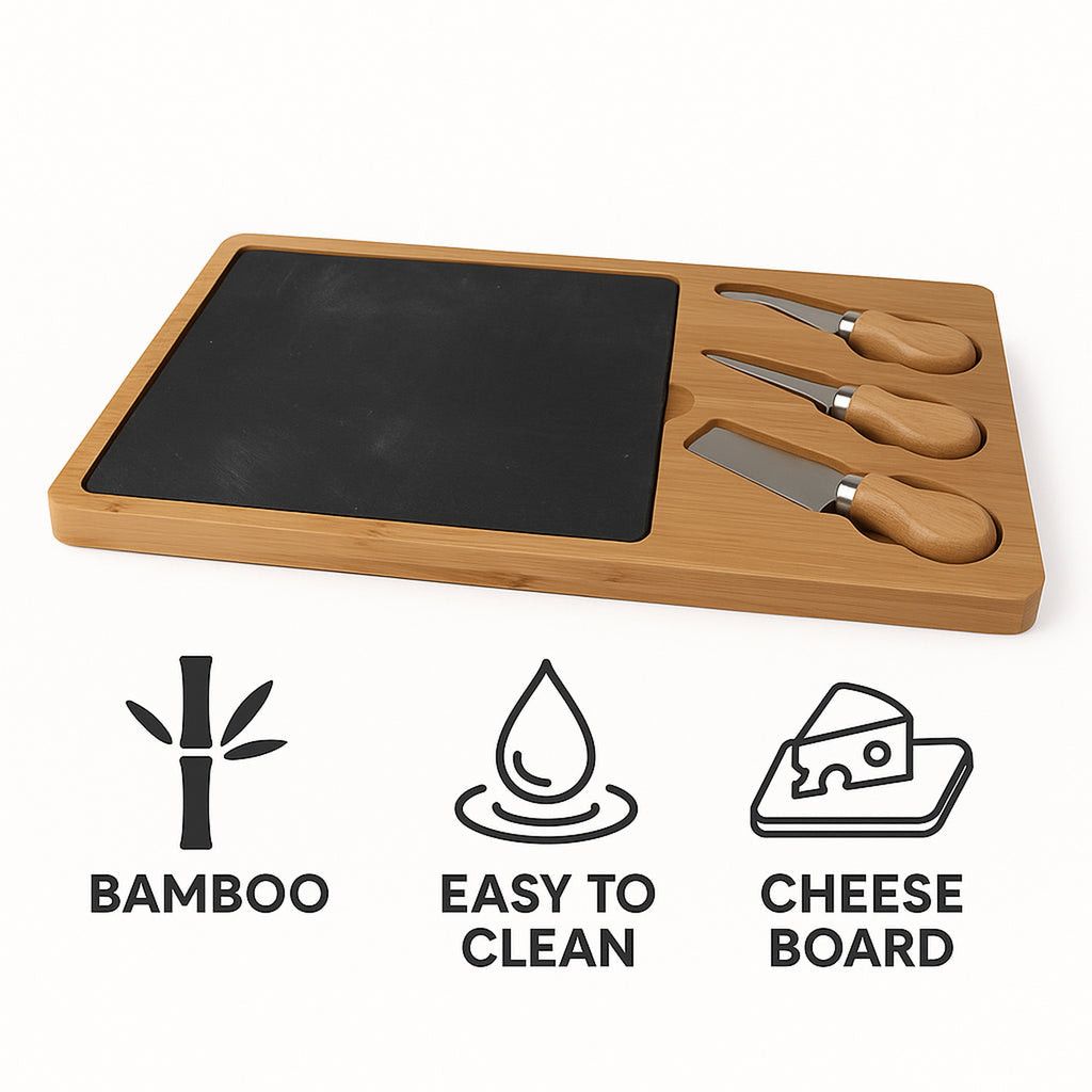 Regent Bamboo Cheese And Slate Board With 3 Cheese Tools 5 Piece Set 360x240mm 41844.