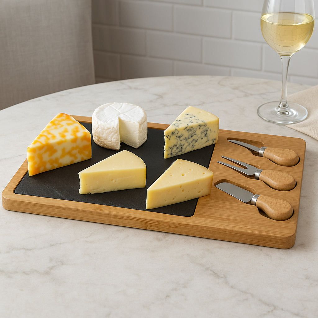 Regent Bamboo Cheese And Slate Board With 3 Cheese Tools 5 Piece Set 360x240mm 41844.