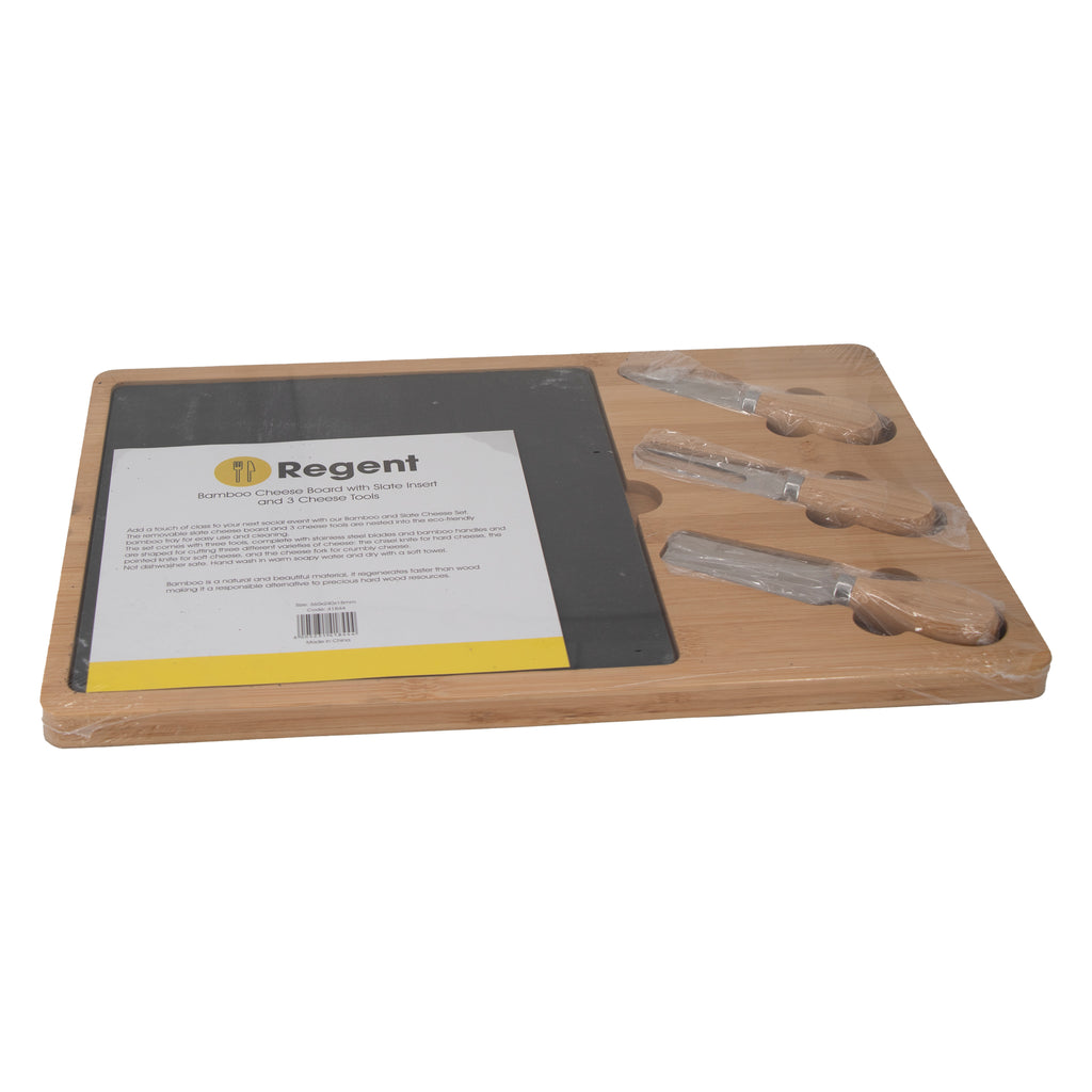 Regent Bamboo Cheese And Slate Board With 3 Cheese Tools 5 Piece Set 360x240mm 41844