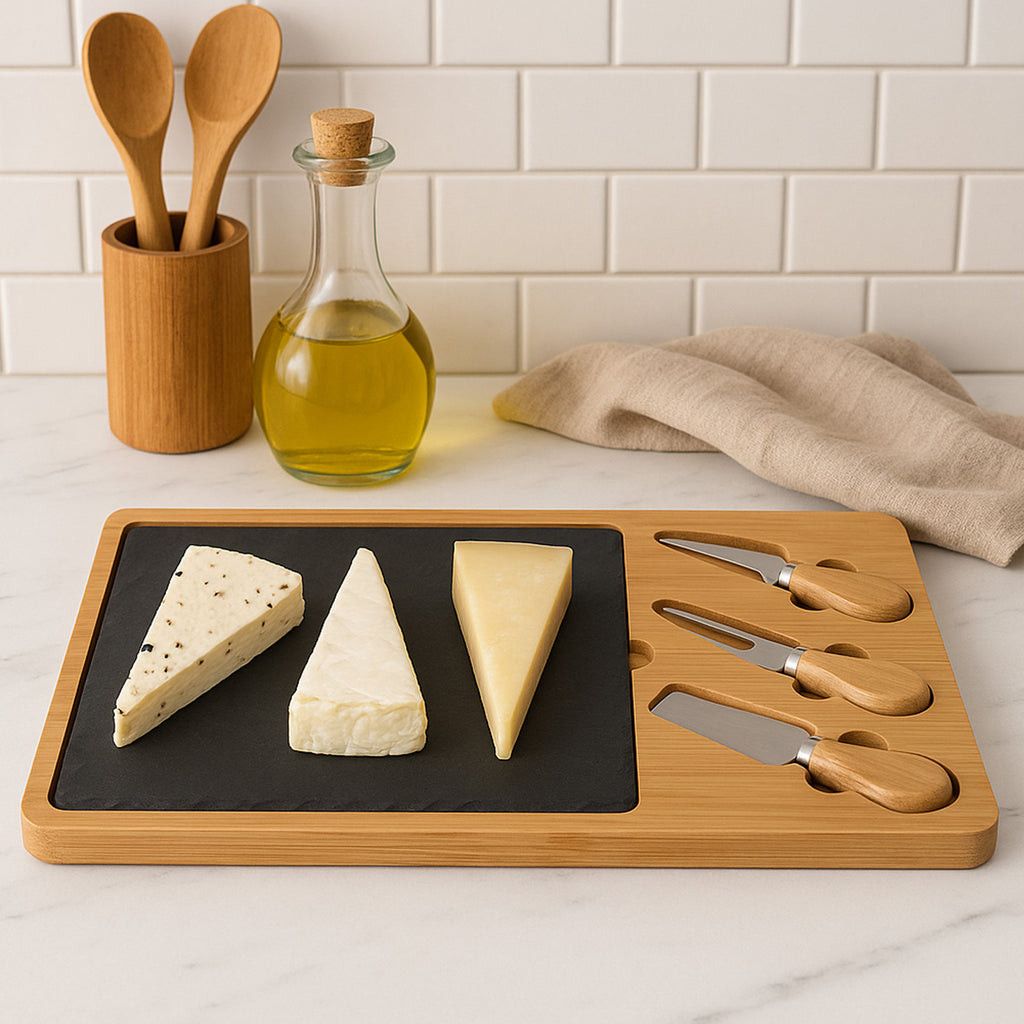 Regent Bamboo Cheese And Slate Board With 3 Cheese Tools 5 Piece Set 360x240mm 41844.