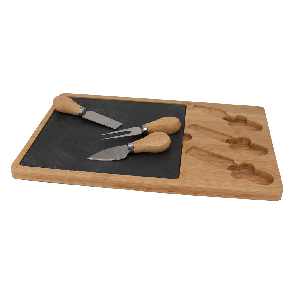Regent Bamboo Cheese And Slate Board With 3 Cheese Tools 5 Piece Set 360x240mm 41844