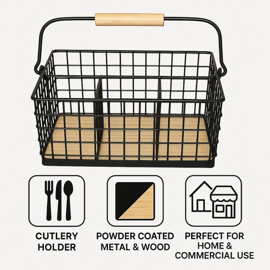 Regent Kitchen Cutlery Caddy Black Wire & Wood, 230x160mm 41847.