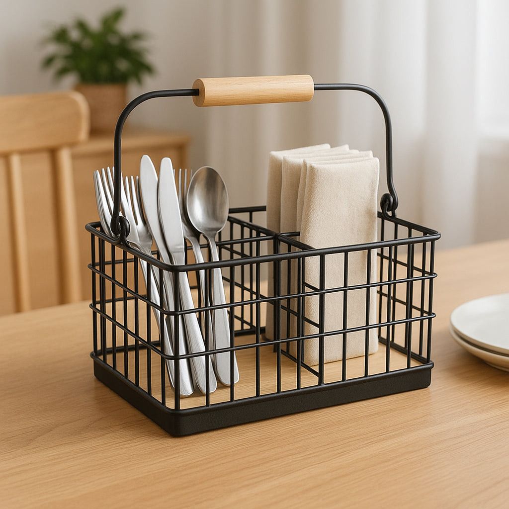 Regent Kitchen Cutlery Caddy Black Wire & Wood, 230x160mm 41847.