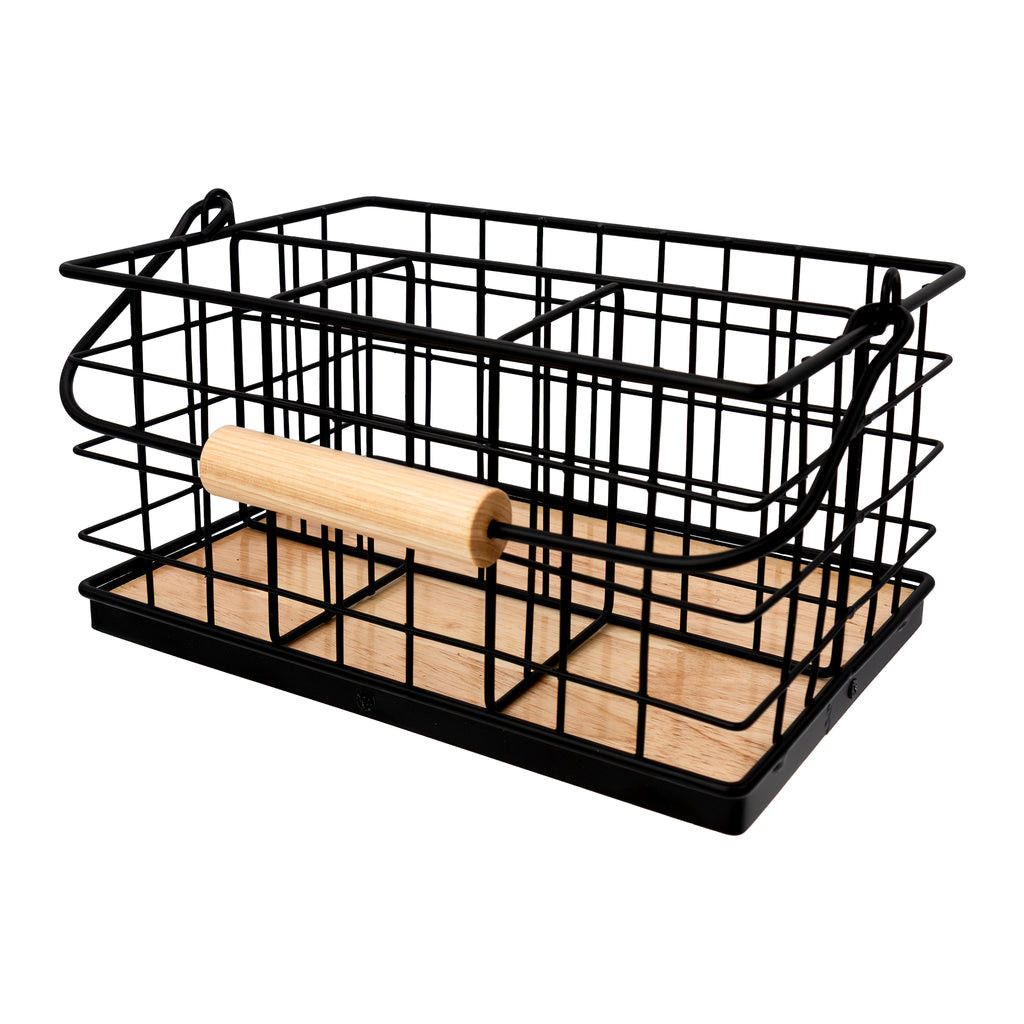 Regent Kitchen Cutlery Caddy Black Wire & Wood, 230x160mm 41847.