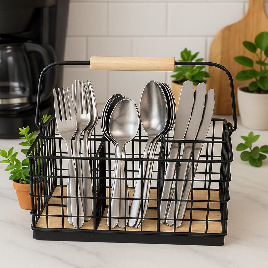 Regent Kitchen Cutlery Caddy Black Wire & Wood, 230x160mm 41847.