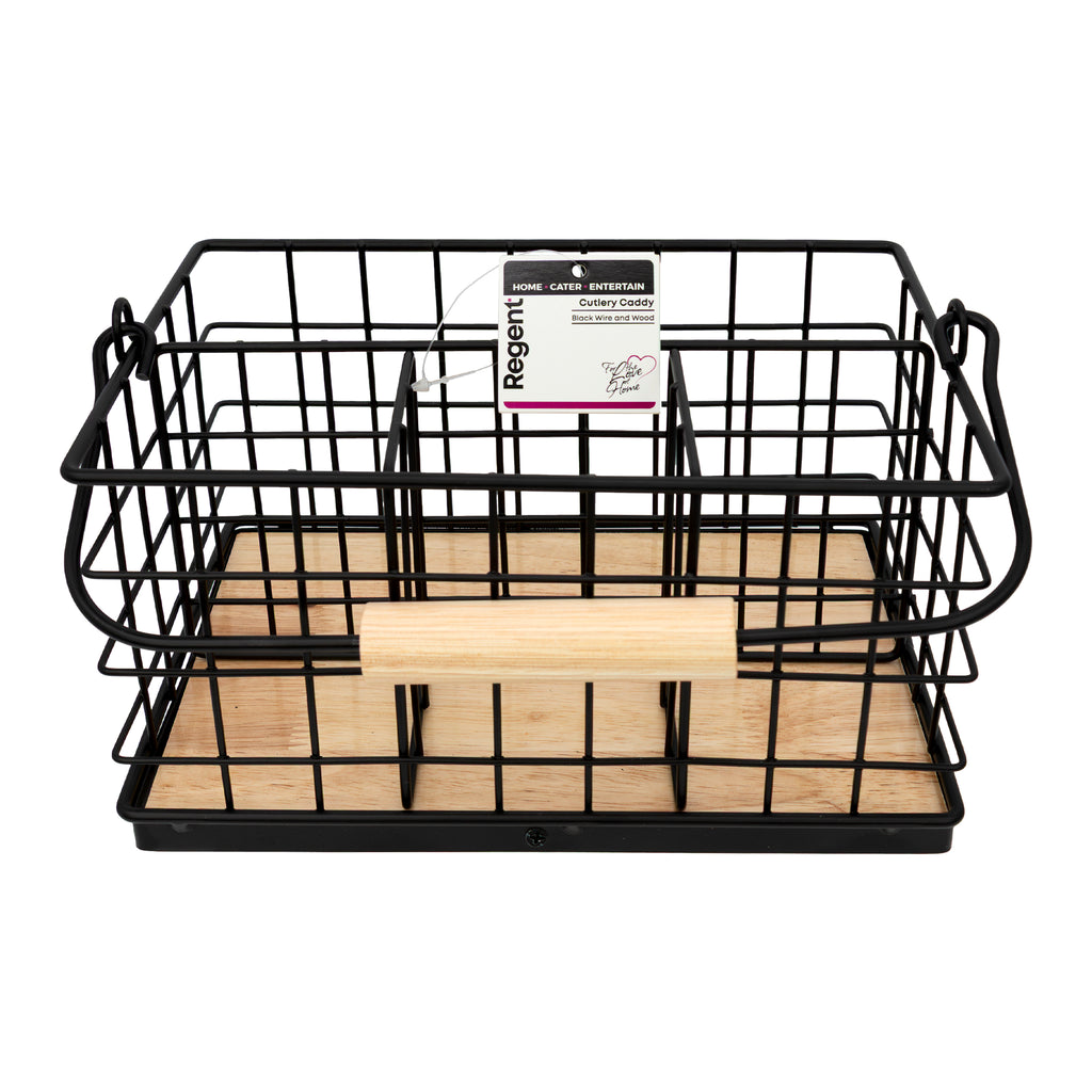 Regent Kitchen Cutlery Caddy Black Wire & Wood, 230x160mm 41847