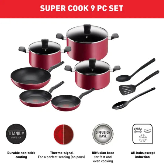 Tefal Super Cook Non-Stick 12 Piece Cookware Set Red B460SC84
