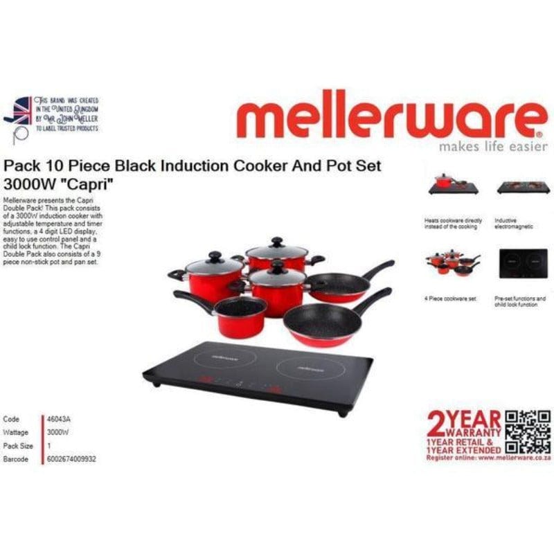 Mellerware POTS Mellerware Pack 10 Piece Black Induction Cooker And Pot Set 3000W Capri (6781840916569)