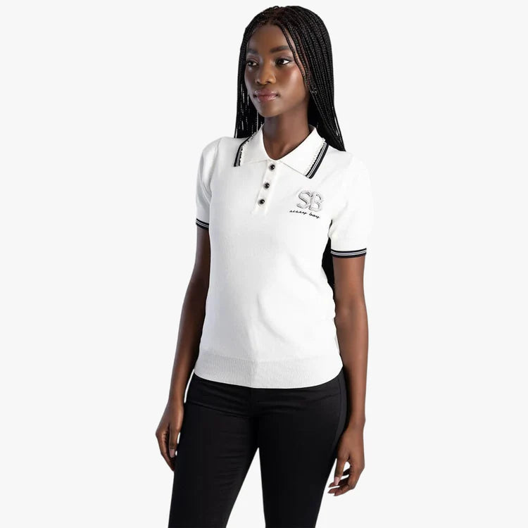 Sissy Boy Short Sleeve Polo Knit Top Pearl Detail Off White Black