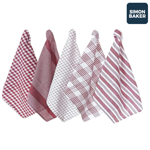 Simon Baker 100% Cotton Red Kitchen Towel Set of 5
