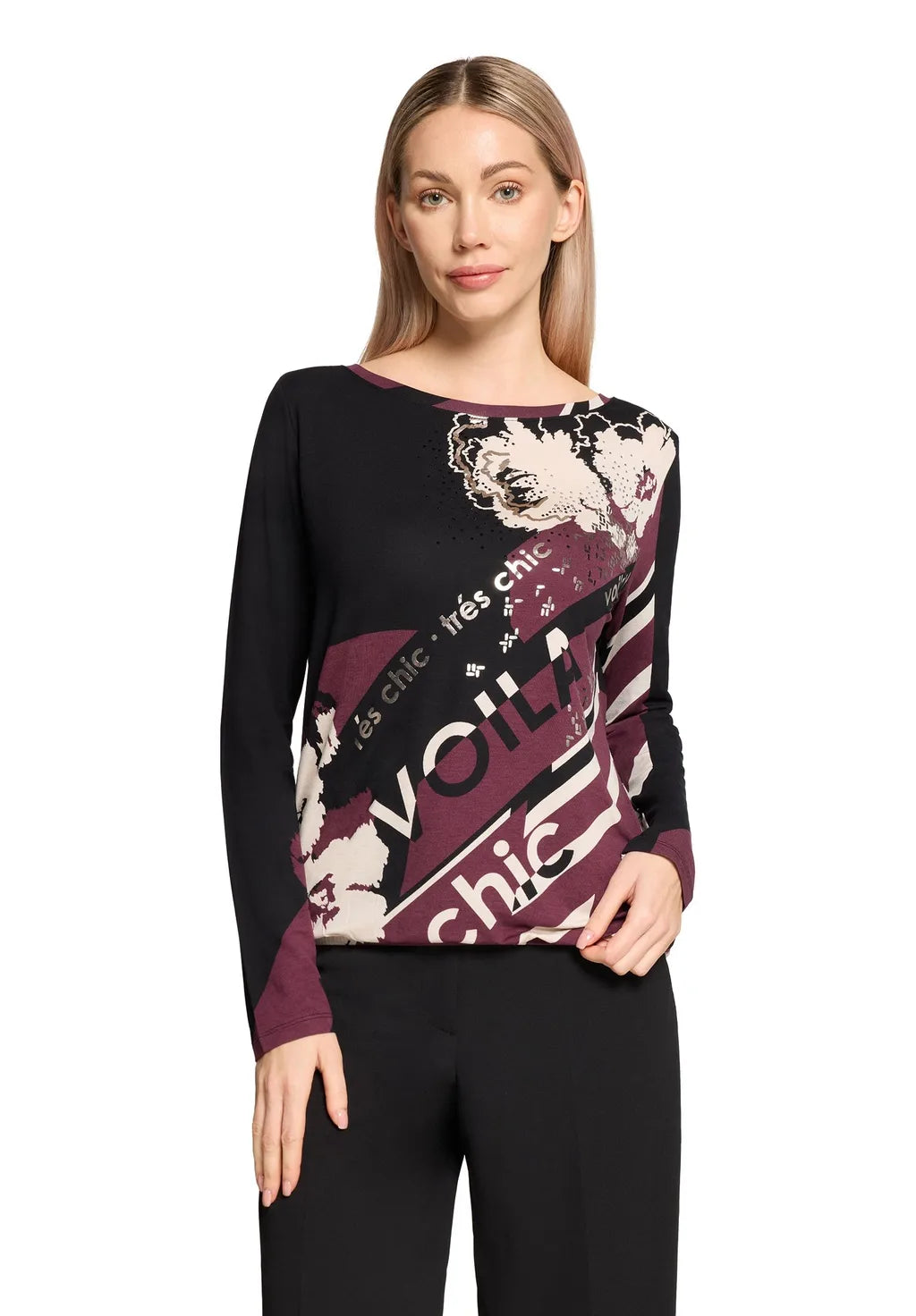 Betty Barclay Ladies Long-Sleeve Shirt-Dark Red/Cream 2716/1786.