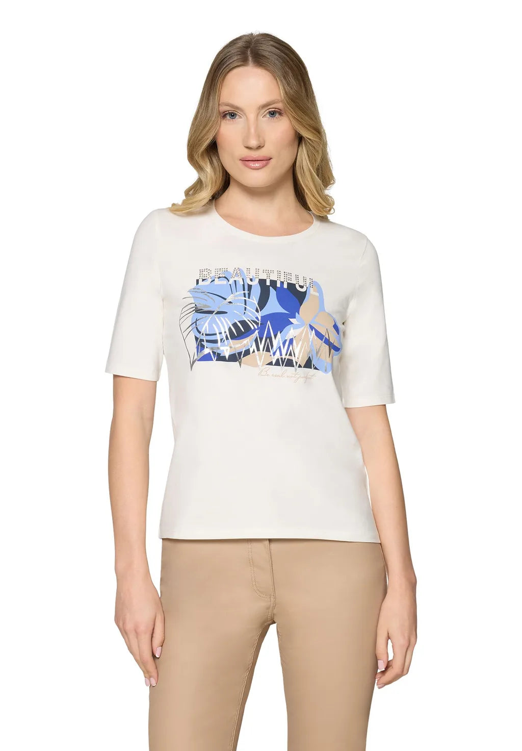 Betty Barclay Ladies Basic Shirt With Placement-Patch Cream/Blue 2738/1092.
