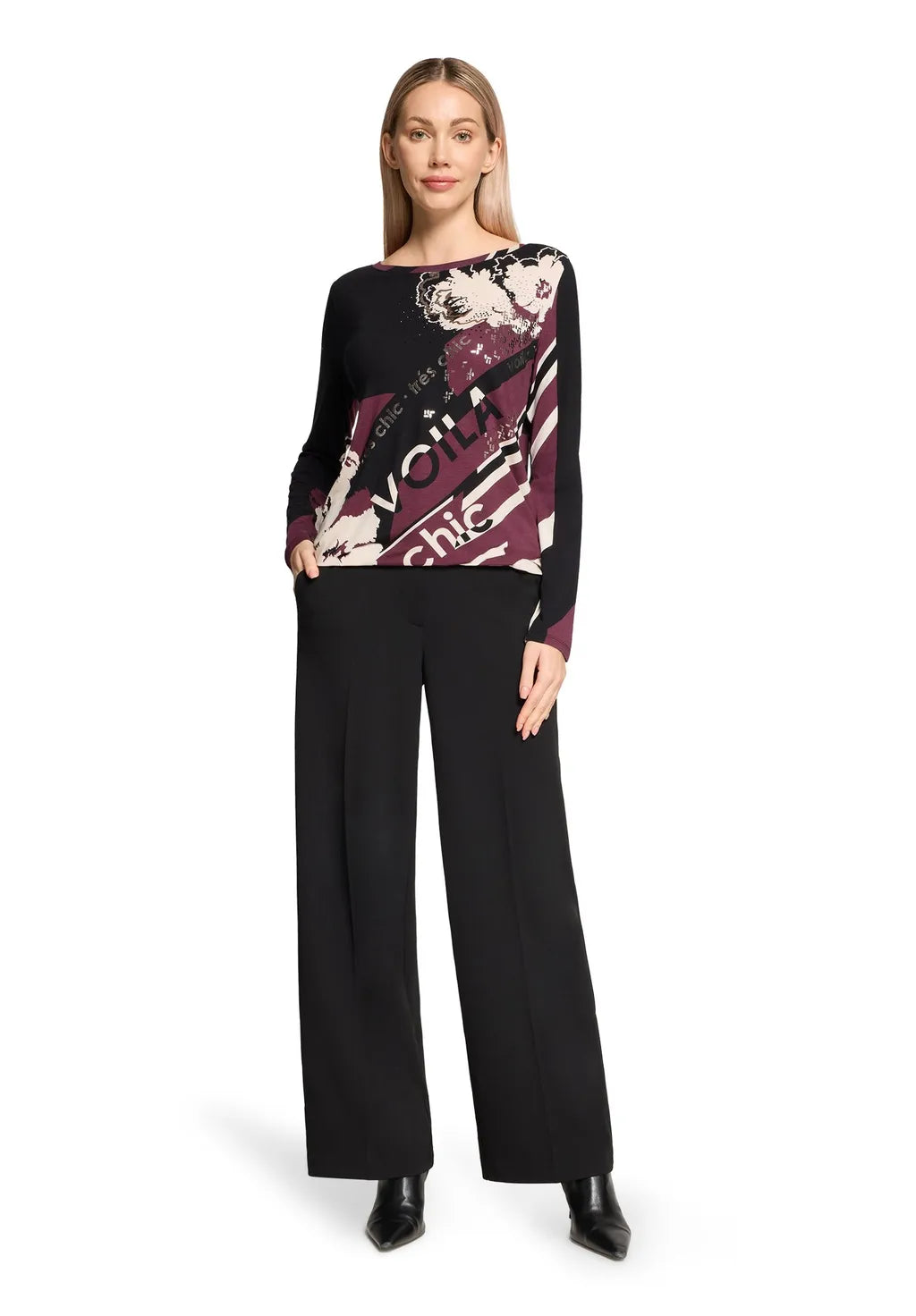 Betty Barclay Ladies Long-Sleeve Shirt-Dark Red/Cream 2716/1786.