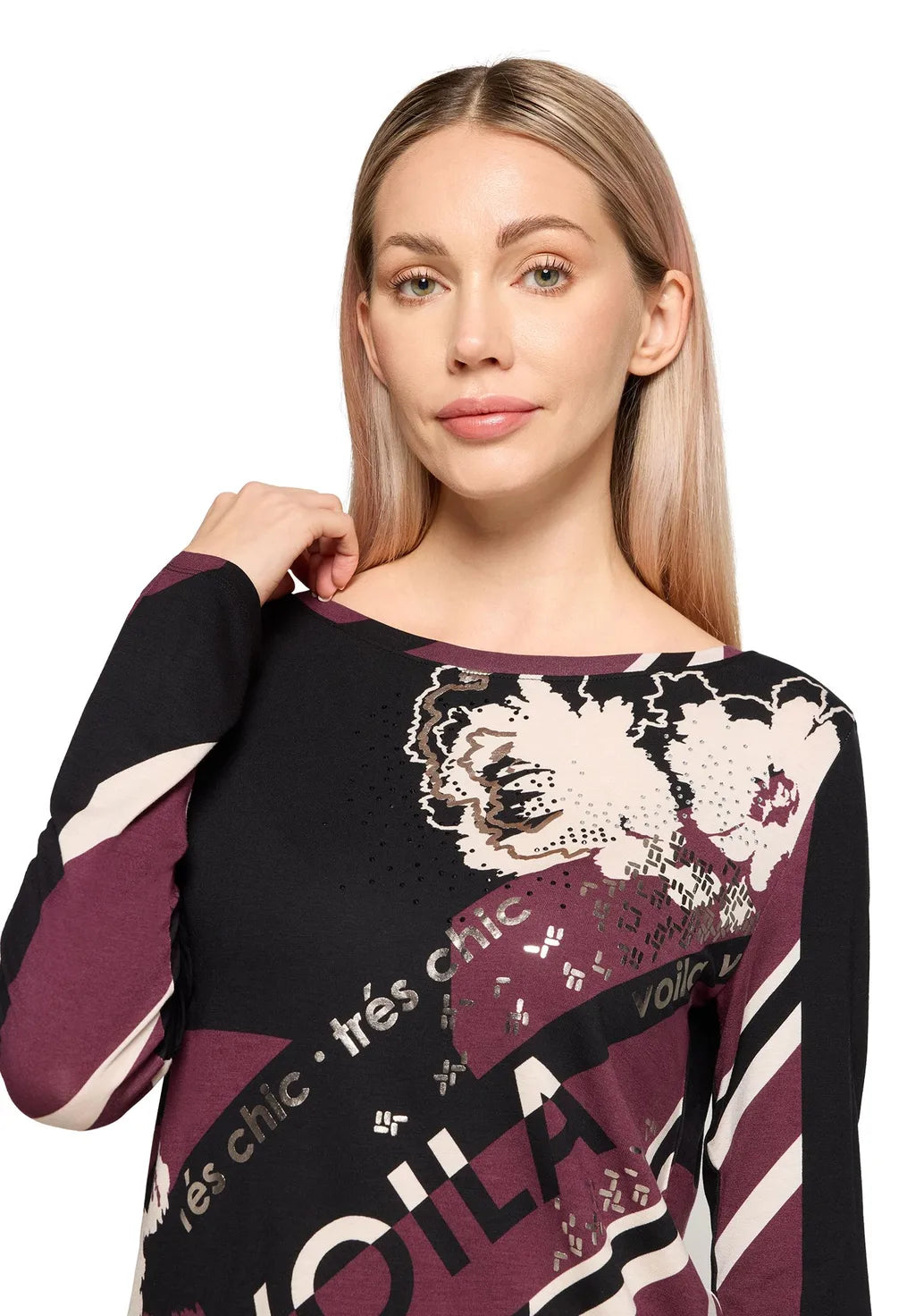 Betty Barclay Ladies Long-Sleeve Shirt-Dark Red/Cream 2716/1786.