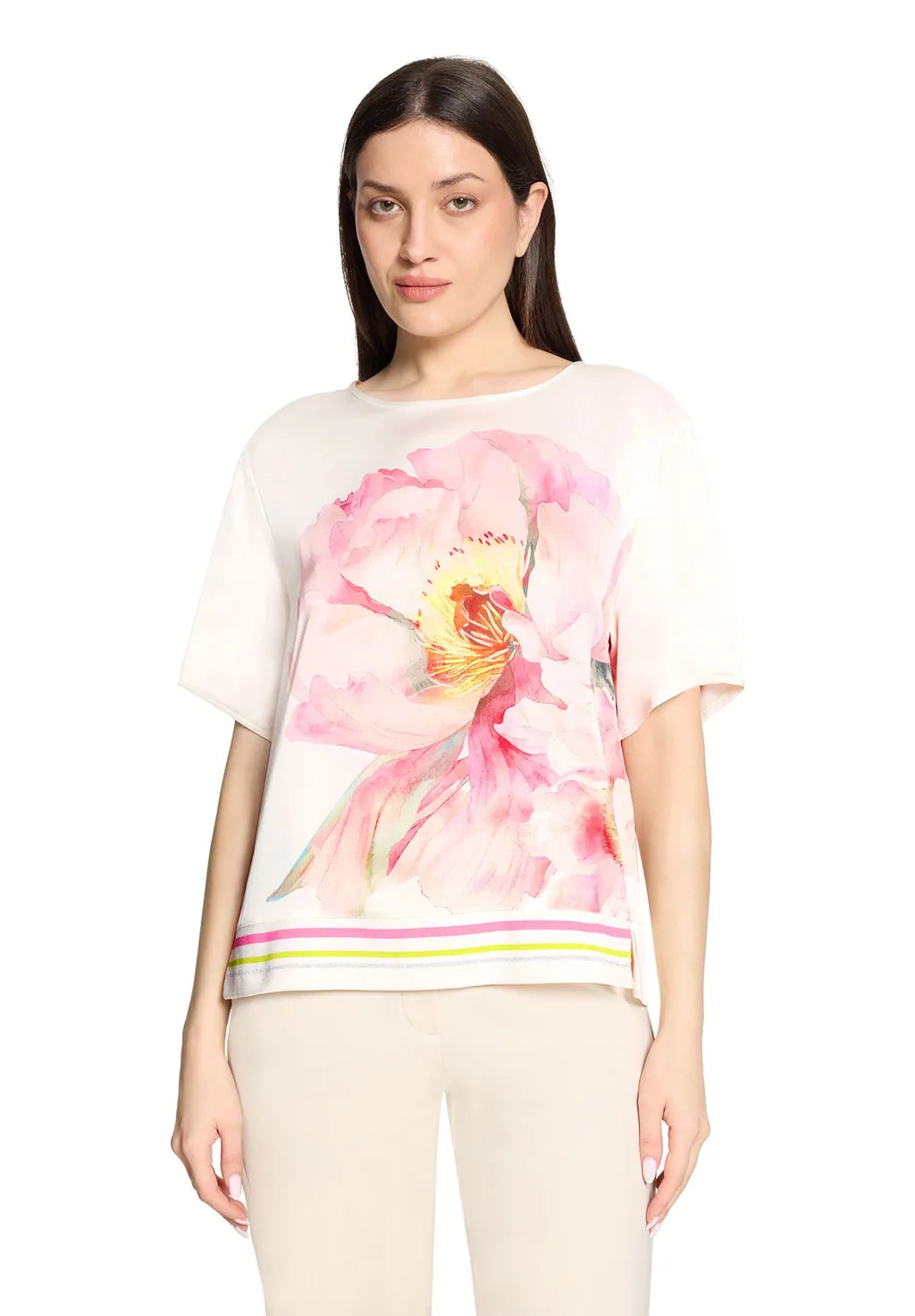Betty Barclay Ladies Slip on Blouse With Ribbed Cuffs- Patched Cream/Rose 8030/1847