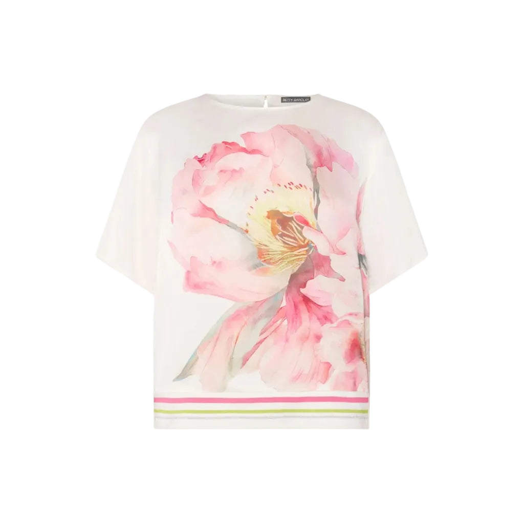 Betty Barclay Ladies Slip on Blouse With Ribbed Cuffs- Patched Cream/Rose 8030/1847