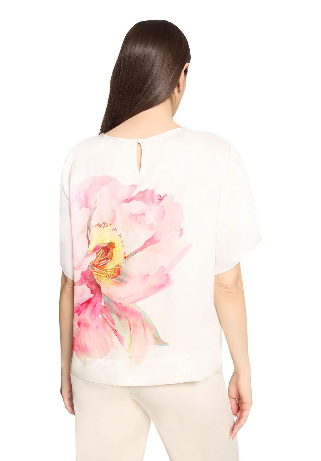 Betty Barclay Ladies Slip on Blouse With Ribbed Cuffs- Patched Cream/Rose 8030/1847