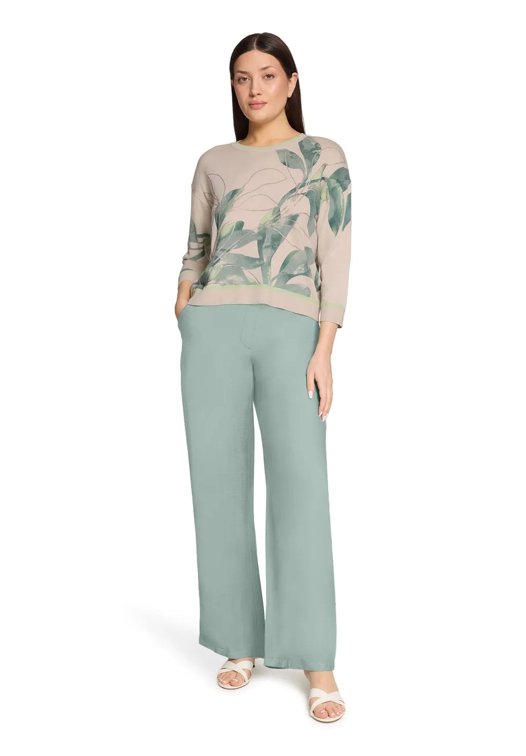 Betty Barclay Ladies Knit Sweater With Print-Beige/Green 5412/1809