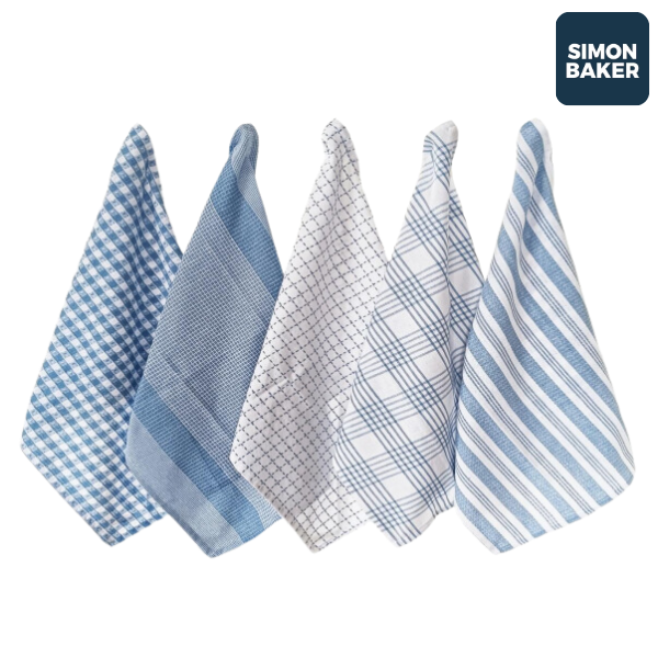 Simon Baker 100% Cotton SKY Blue Kitchen Towel Set of 5