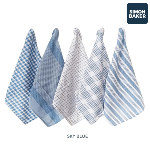 Simon Baker 100% Cotton SKY Blue Kitchen Towel Set of 5