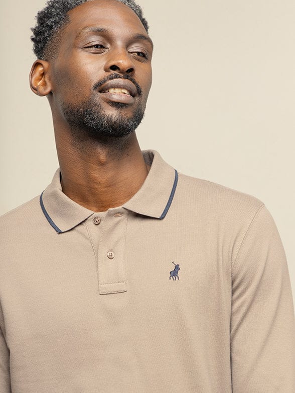 Polo Golf T Shirt Polo Mens Long Sleeve Essential Pique Golfer Taupe (7653176377433)