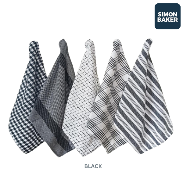 Simon Baker 100% Cotton Black Kitchen Towel Set of 5